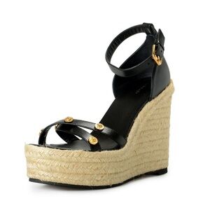Versace Women's Black Gold Medusa Leather Ankle Strap Wedges Sandals